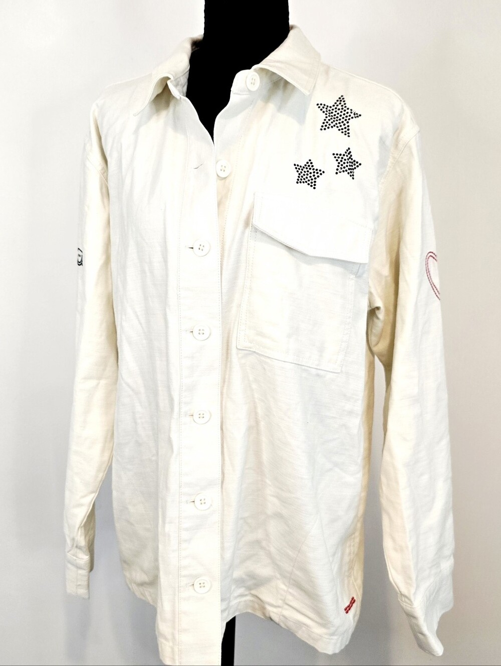 Peace Love World White Studded Star Utility Jacket Shacket Cotton Oversized Y2K - Picture 2 of 15